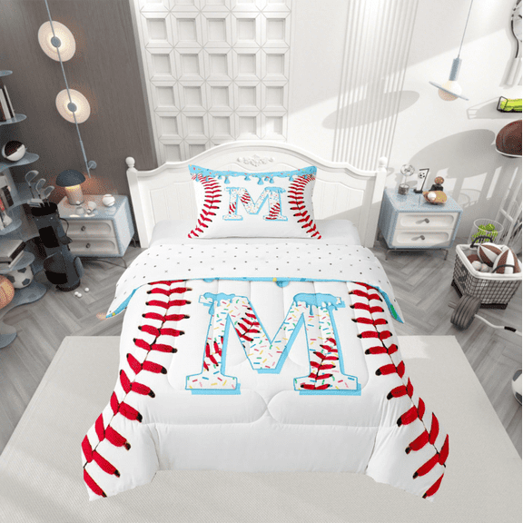Manfei Personalized Initial M Twin Comforter Sets 2pcs,Baseball Sport Bedding Set