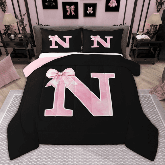Manfei Personalized Initial N Bedding Comforter Set for Girls, Pink Bow Tie Twin Comforter Sets, Watercolor Monogrammed Bedding Set, Breathable Room Decor, Reversible 2pcs