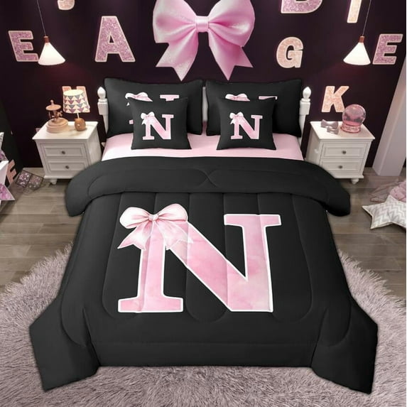 Manfei Personalized Initial N Twin Bedding Sets 7-Piece for Girls, Pink Bow Tie Bedding Comforter Set, Watercolor Monogrammed Sheet Sets, Breathable Room Decor