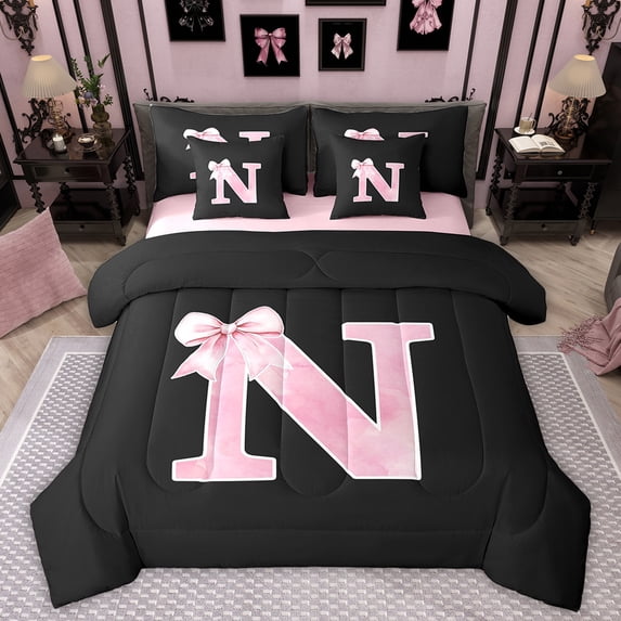 Manfei Personalized Initial N Twin Bedding Sets 7-Piece for Girls, Pink Bow Tie Bedding Comforter Set, Watercolor Monogrammed Sheet Sets, Breathable Room Decor