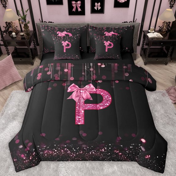 Manfei Personalized Initial P Bedding Comforter Set 7-Piece for Preppy Child,Pink Ribbon Bow Knot King Bedding Sets,Bling Glitter Ultra Soft Bed Sheets,Luxury Bedroom Decor,Reversible