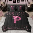 thumbnail image 1 of Manfei Personalized Initial P Bedding Comforter Set 7 Pieces for Preppy Child,Pink Ribbon Bow Knot Full Bedding Set Lightweight,Bling Glitter Fitted Sheet Flat Sheet,Luxury Bedroom Decor,Reversible, 1 of 8