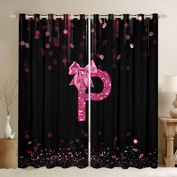 Manfei Personalized Initial P Blackout Curtains Set of 2 (52x84 Each) for Preppy Child,Pink Ribbon Bow Knot Window Curtains,Bling Glitter Curtains and Drapes,Luxury Bedroom Decor