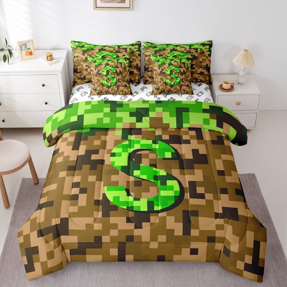 Manfei Personalized Initial S 7-Piece Bedding Comforter Set for Children Kids Teens,Building Blocks King Bedding Sets,Construction Game Ultra Soft Bed Sheets,Super Cozy Room Decor,Reversible