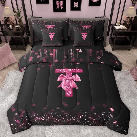 Manfei Personalized Initial T Bedding Comforter Set 7-Piece for Preppy Child,Pink Ribbon Bow Knot King Bedding Sets,Bling Glitter Ultra Soft Bed Sheets,Luxury Bedroom Decor,Reversible