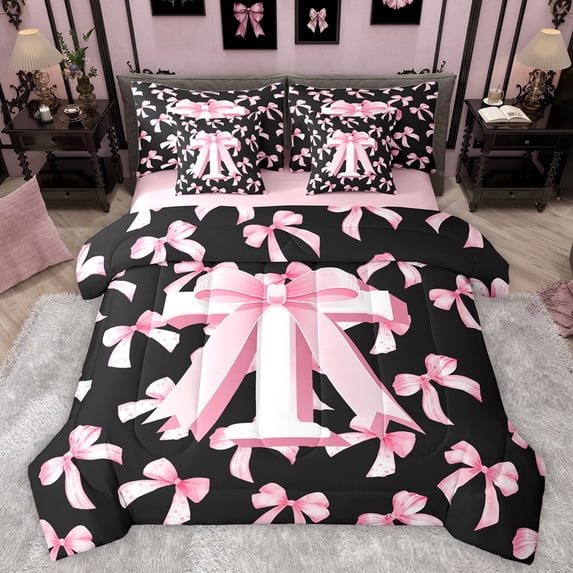 Manfei Personalized Initial T Bedding Comforter Set 7 Pieces for Preppy Child,Dreamy Princess Full Bedding Set Lightweight,Pink Ribbon Bow Knot Fitted Sheet Flat Sheet,Luxury Bedroom Decor