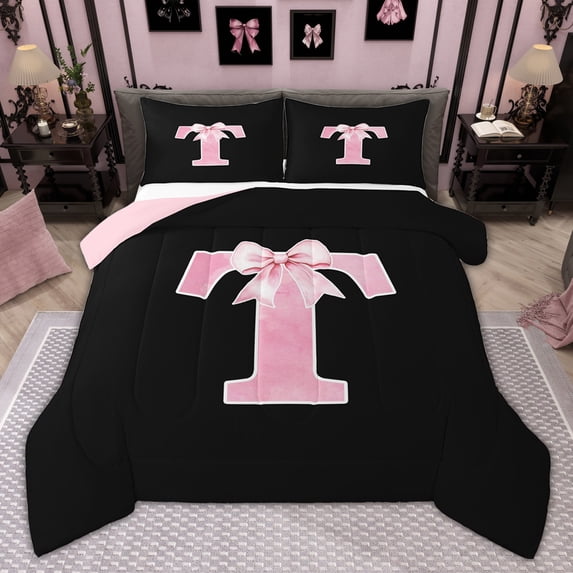 Manfei Personalized Initial T Bedding Comforter Set for Girls, Pink Bow Tie Twin Comforter Sets, Watercolor Monogrammed Bedding Set, Breathable Room Decor, Reversible 2pcs