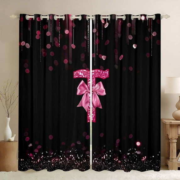 Manfei Personalized Initial T Blackout Curtains Set of 2 (52x84 Each) for Preppy Child,Pink Ribbon Bow Knot Window Curtains,Bling Glitter Curtains and Drapes,Luxury Bedroom Decor