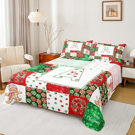 Manfei Personalized Initial A Twin Sheet Sets 3 Pieces for Kids Boys Girls, Merry Christmas Twin Fitted Sheet, Gingerbread Lollipop Plaid Flat Sheet, Luxury Bedroom Decor