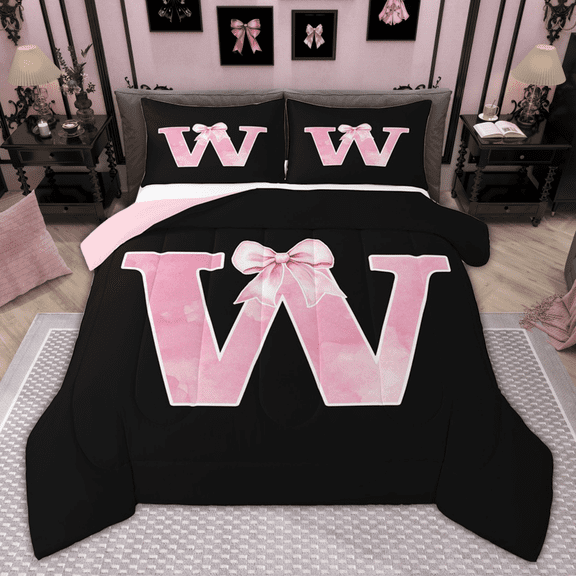 Manfei Personalized Initial W Bedding Comforter Set for Girls, Pink Bow Tie Twin Comforter Sets, Watercolor Monogrammed Bedding Set, Breathable Room Decor, Reversible 2pcs
