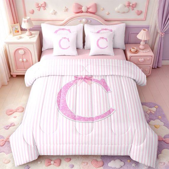 Manfei Personalized Letter C 7-Piece King Bedding,Pink Sparking Print Bows King Bed in a Bag,Pink Reversible