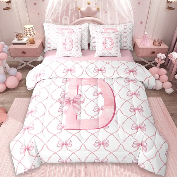 Manfei Personalized Letter D Bed in a Bag Twin Size,Monogrammed Theme Bed Set,Cartoon Bow Bowknot Bedding Twin Size,Ultra Soft Bedroom Decor Reversible,7 Pieces