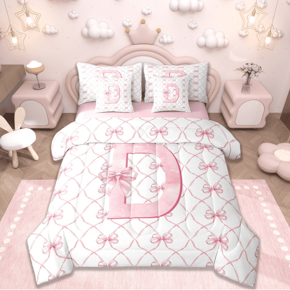 Manfei Personalized Letter D Bed in a Bag Twin Size,Monogrammed Theme Bed Set,Cartoon Bow Bowknot Bedding Twin Size,Ultra Soft Bedroom Decor Reversible,7 Pieces