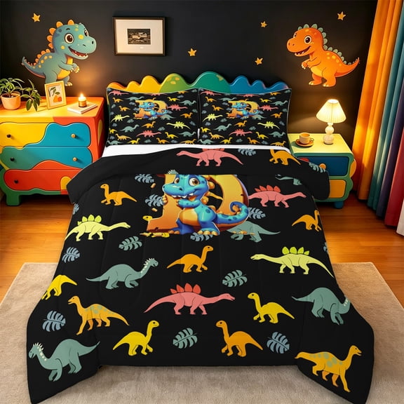 Manfei Personalized Letter D Bedding Comforter Set,Monogrammed Theme Twin Comforter Sets,Cartoon Dinosaur Bedding Set,Ultra Soft Bedroom Decor Reversible,2pcs