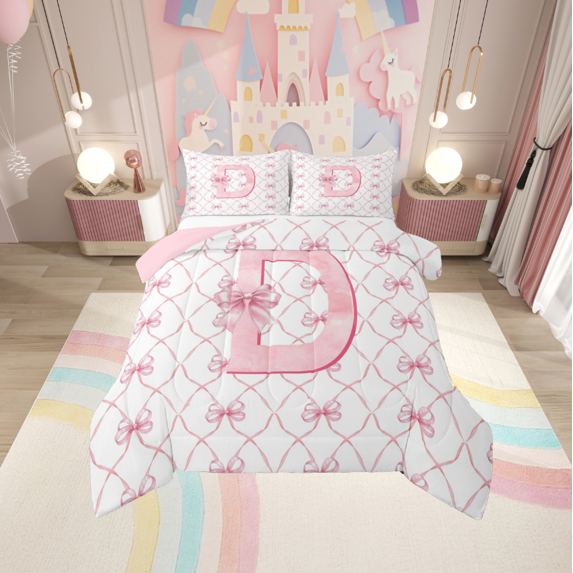 Manfei Personalized Letter D Bedding King Comforter Set,Monogrammed Theme Down Comforter,Cartoon Bow Bowknot Bedding Sets King with Comforter,Ultra Soft Bedroom Decor Reversible,3 Pieces