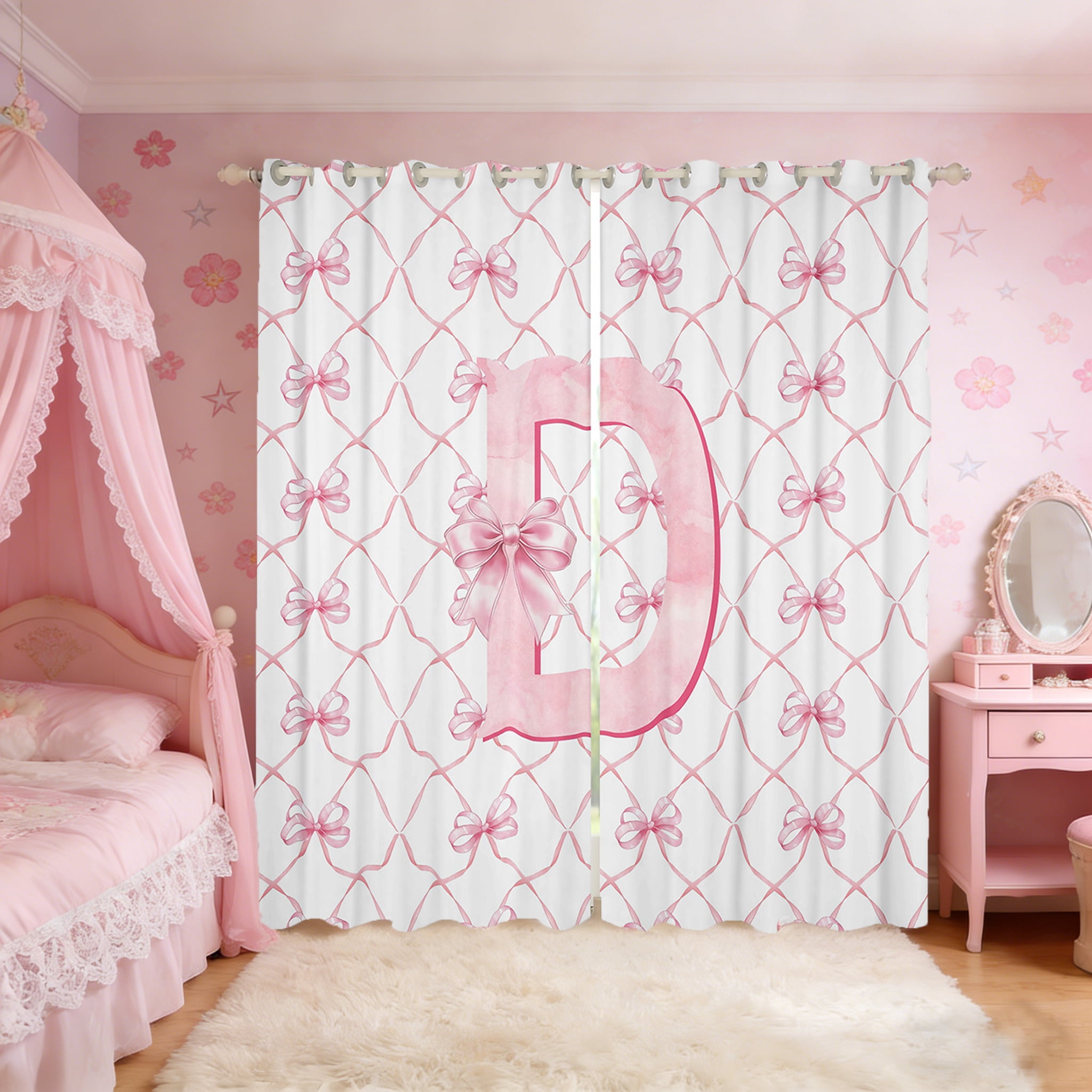 Manfei Personalized Letter D Curtains for Living Room,Monogrammed Theme Blackout Curtains Set of 2 (42x63),Cartoon Bow Bowknot Curtains and Drapes (42x63),Ultra Soft Bedroom Decor