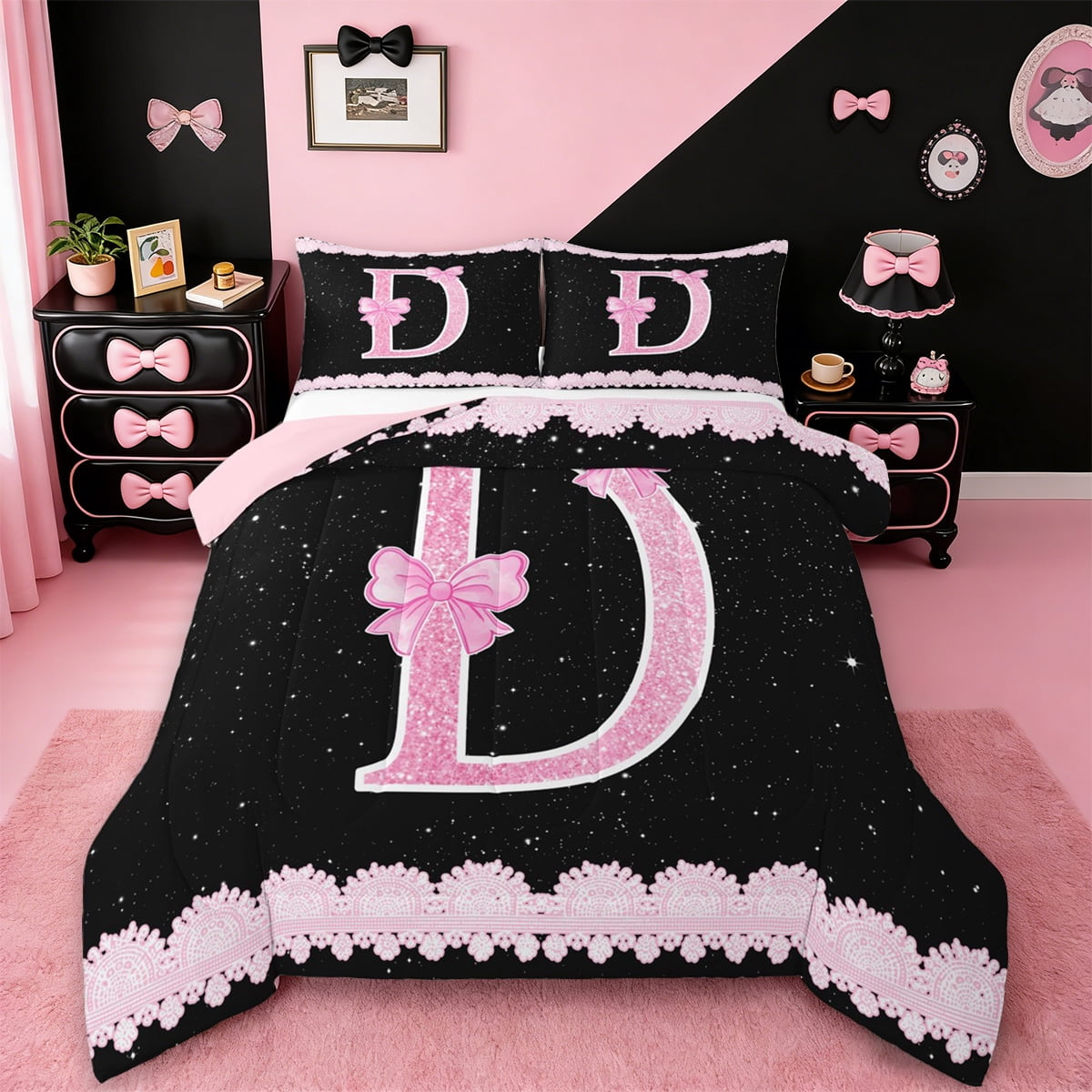 Manfei Personalized Letter D Full Size Comforter Sets,Bow Monogrammed ...
