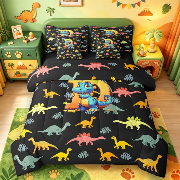 Manfei Personalized Letter D Twin Bedding Sets 7pcs,Monogrammed Theme Bedding Comforter Set 7pcs,Cartoon Dinosaur Sheet Sets,Ultra Soft Bedroom Decor Reversible