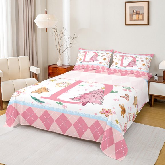 Manfei Personalized Letter D Twin Sheet Sets,Christmas Monogrammed Theme Twin Fitted Sheet,Pink White Flat Sheet For Girl Teens,Ultra Soft Bedroom Decor,3-Piece