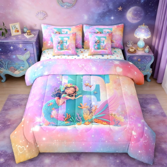Manfei Personalized Letter F Twin Bedding Sets 7-Piece,Watercolor Shell Coral Bedding Comforter Set,Cute Magic Mermaid Sheet Sets For Girl Teens,Ultra Soft Bedroom Decor Reversible