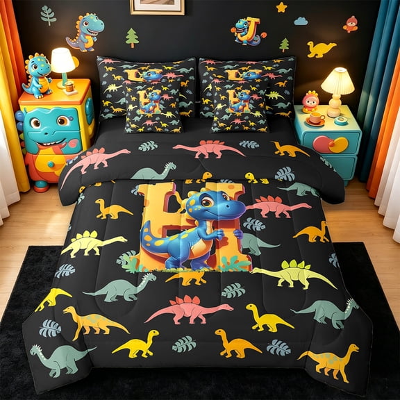 Manfei Personalized Letter H Twin Bedding Sets 7-Piece,Monogrammed Theme Bedding Comforter Set 7-Piece,Cartoon Dinosaur Sheet Sets,Ultra Soft Bedroom Decor Reversible