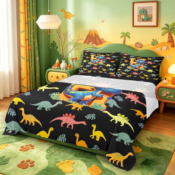 Manfei Personalized Letter H Twin Sheet Sets,Monogrammed Theme Twin Fitted Sheet,Cartoon Dinosaur Flat Sheet,Ultra Soft Bedroom Decor,3-Piece