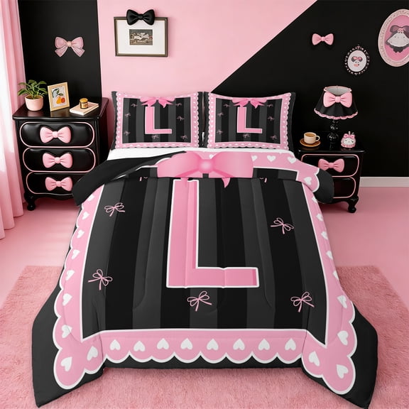 Manfei Personalized Letter L Comforter Sets Twin Size,Monogrammed Theme Comforters & Duvets,Cartoon Bow Bowknot Bedding Twin Comforter Set,Ultra Soft Bedroom Decor Reversible,2-Piece