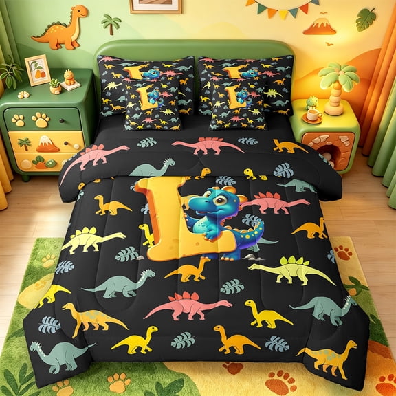 Manfei Personalized Letter L Twin Bedding Sets 7 Pieces,Monogrammed Theme Bedding Comforter Set 7 Pieces,Cartoon Dinosaur Sheet Sets,Ultra Soft Bedroom Decor Reversible