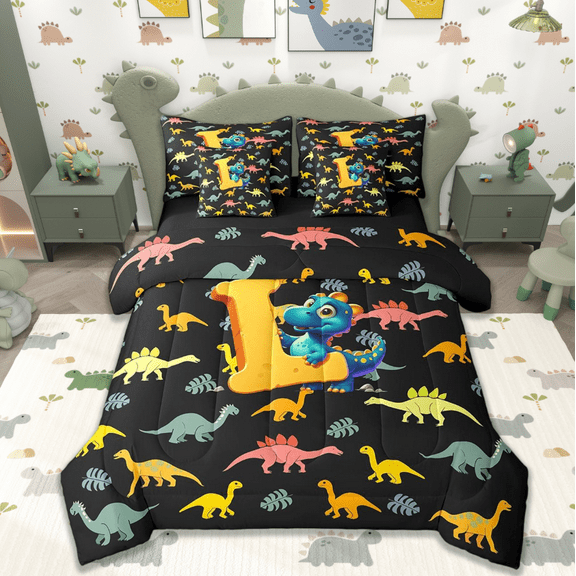 Manfei Personalized Letter L Twin Bedding Sets 7 Pieces,Monogrammed Theme Bedding Comforter Set 7 Pieces,Cartoon Dinosaur Sheet Sets,Ultra Soft Bedroom Decor Reversible