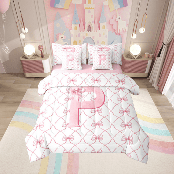 Manfei Personalized Letter P Bed in a Bag King Size,Monogrammed Theme Bed Set,Cartoon Bow Bowknot Bedding King Size,Ultra Soft Bedroom Decor Reversible,7 Pieces