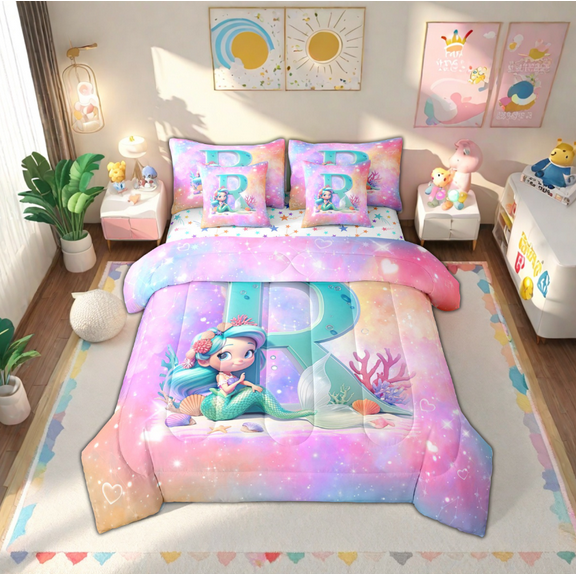 Manfei Personalized Letter R Twin Bedding Sets 7-Piece,Watercolor Shell Coral Bedding Comforter Set,Cute Magic Mermaid Sheet Sets For Girl Teens,Ultra Soft Bedroom Decor Reversible