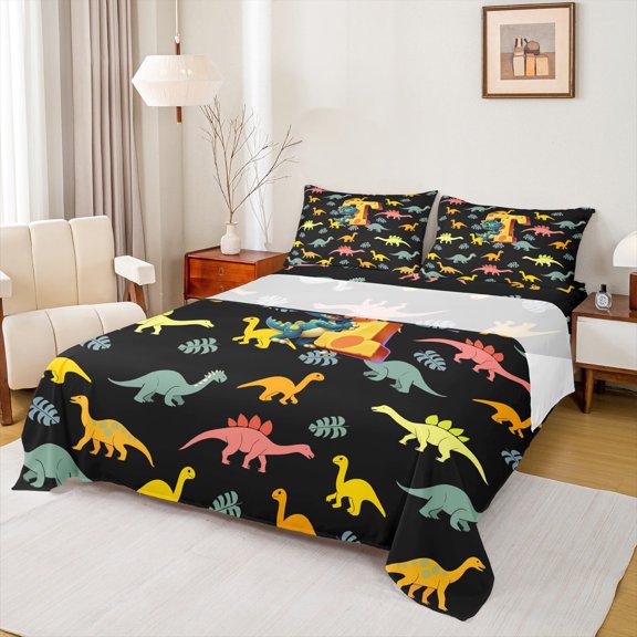 Manfei Personalized Letter T Twin Sheet Sets,Monogrammed Theme Twin Fitted Sheet,Cartoon Dinosaur Flat Sheet,Ultra Soft Bedroom Decor,3-Piece