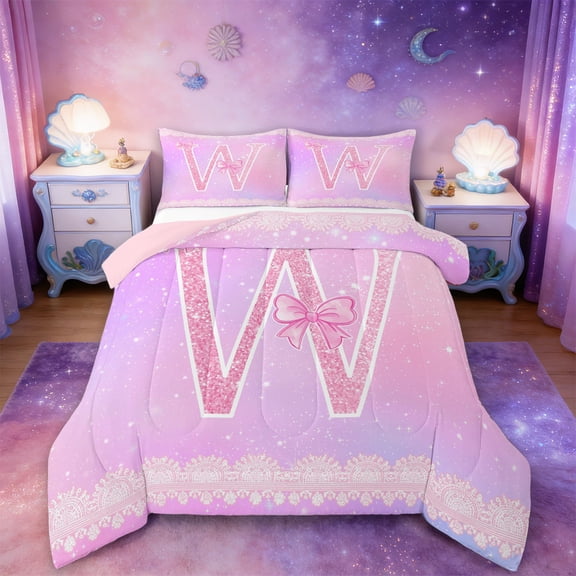 Manfei Personalized Letter W Full Size Comforter Sets,Bowknot Monogrammed Theme Bedding Comforter Set,Cartoon Bow Tie Bedding Sets For Girl,Ultra Soft Bedroom Decor Reversible,3-Piece