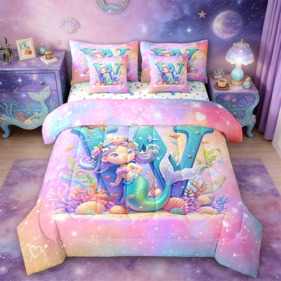 Manfei Personalized Letter W Twin Bedding Sets 7-Piece,Watercolor Shell Coral Bedding Comforter Set,Cute Magic Mermaid Sheet Sets For Girl Teens,Ultra Soft Bedroom Decor Reversible