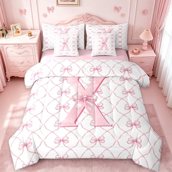 Manfei Personalized Letter X Bedding Sets Twin Size,Monogrammed Theme Comforter Sets with Sheets,Cartoon Bow Bowknot Bed in a Bag Twin Size,Ultra Soft Bedroom Decor Reversible,7-Piece
