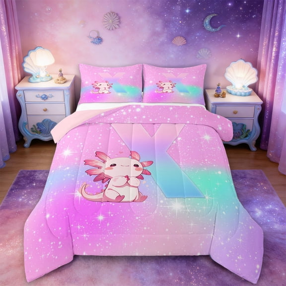 Manfei Personalized Letter X Full Size Comforter Sets,Monogrammed Theme Bedding Comforter Set,Magic Animal Axolotl Bedding Sets For Girl Teens,Ultra Soft Bedroom Decor Reversible,3pcs