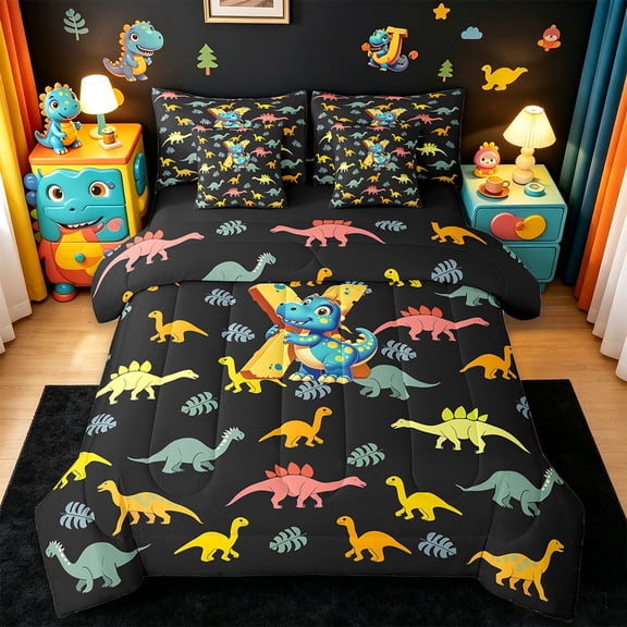 Manfei Personalized Letter X Twin Bedding Sets 7 Pieces,Monogrammed Theme Bedding Comforter Set 7 Pieces,Cartoon Dinosaur Sheet Sets,Ultra Soft Bedroom Decor Reversible