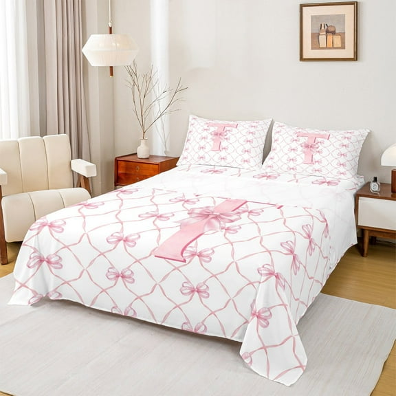 Manfei Personalized Lettert Bed Sheets Set Twin Size,Monogrammed Theme Bedding Sets Twin Size,Cartoon Bow Bowknot Bed Sheets Twin,Ultra Soft Bedroom Decor,3pcs