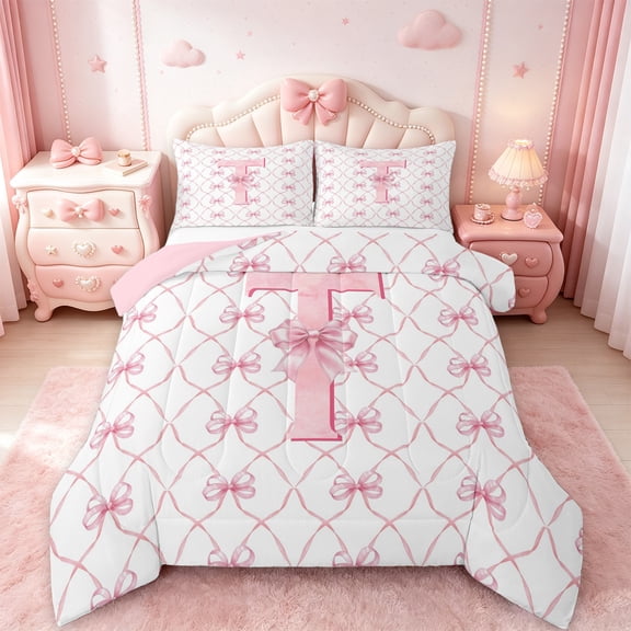 Manfei Personalized Lettert Bedding Sets Twin with Comforter,Monogrammed Theme Duvet Insert,Cartoon Bow Bowknot Comforter Sets Twin Size,Ultra Soft Bedroom Decor Reversible,2pcs