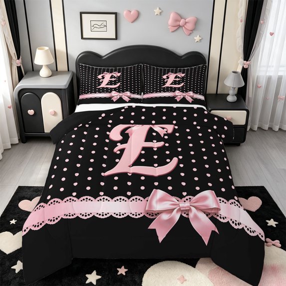 Manfei Personalized Monogrammed Gifts Full Size Comforter Sets,Kawaii Bowknot Alphabet E Bedding Comforter Set,Black Reversible,3-Piece,1 Comforter and 2 Pillowcases
