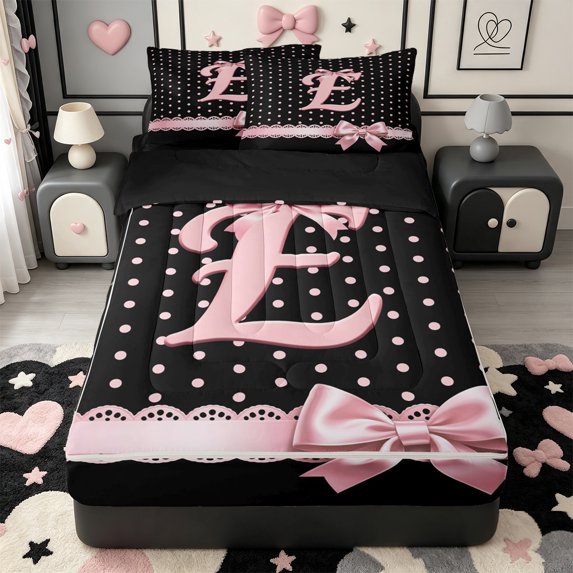 Manfei Personalized Monogrammed Gifts Zipper Full Size Comforter Sets with Fitted Sheet and 2 Pillowcases,Kawaii Bowknot Alphabet E Zipper Bedding Set,Black Reversible,4-Piece