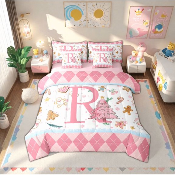 Manfei Personalized Xmas Gifts 7-Piece Bedding Comforter Set,Pink Letter R King Bedding Sets,Christmas Dessert Candy Cnae Bed Sheets For Princess,Lightweight Room Decoration Reversible