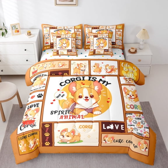 Manfei Pet Animal Dogs 7pcs Bedding Comforter Set,Kawaii Corgi Queen Bedding Sets,Puppy Dog Printed Queen Sheet Sets For Boys Girls,Lightweight Room Decor Reversible