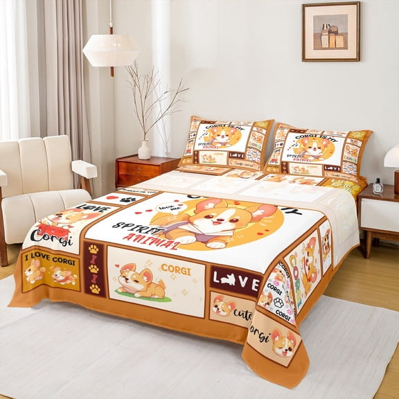 Manfei Pet Animal Dogs Bed Sheets,Kawaii Corgi King Sheets,Puppy Dog Printed Sheet Set For Boys Girls,Lightweight Room Decor,4 Pieces