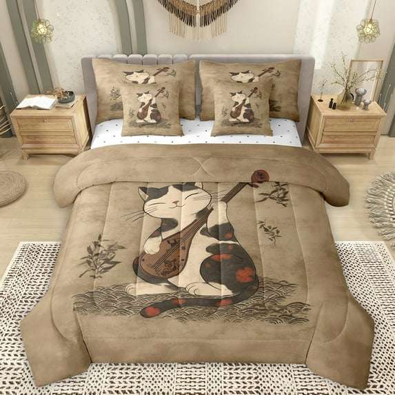 Manfei Pet Animal Kitten 7-Piece Bedding Comforter Set,Japanese Style King Bedding Sets,Kawaii Cat Bed Sheets For Adults,Super Cozy Room Decor Reversible