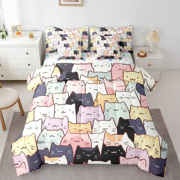 Manfei Pet Animal Kitten 7-Piece Twin Bedding Sets,Colorful Cartoon Cat Bedding Comforter Set,Pink White Black Sheet Sets For Boys Girls,Lightweight Room Decor Reversible