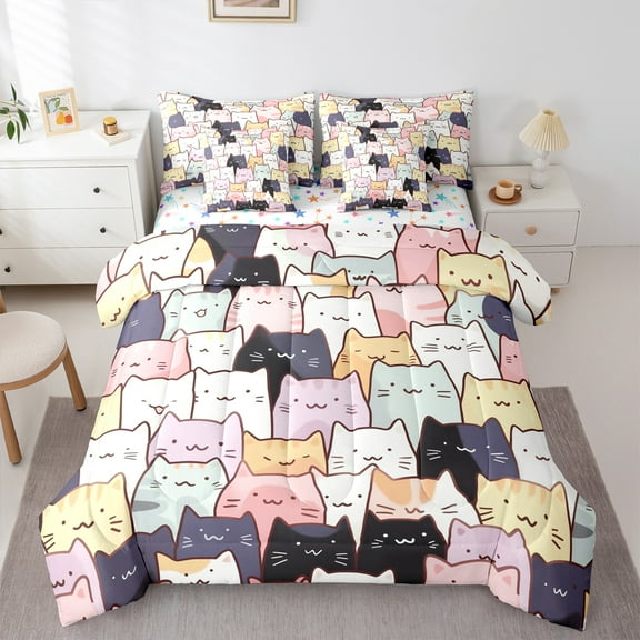Manfei Pet Animal Kitten 7-Piece Twin Bedding Sets,Colorful Cartoon Cat Bedding Comforter Set,Pink White Black Sheet Sets For Boys Girls,Lightweight Room Decor Reversible