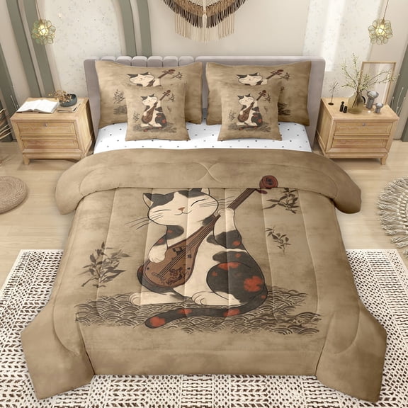 Manfei Pet Animal Kitten 7pcs Bedding Comforter Set,Japanese Style Queen Bedding Sets,Kawaii Cat Queen Sheet Sets For Adults,Super Cozy Room Decor Reversible
