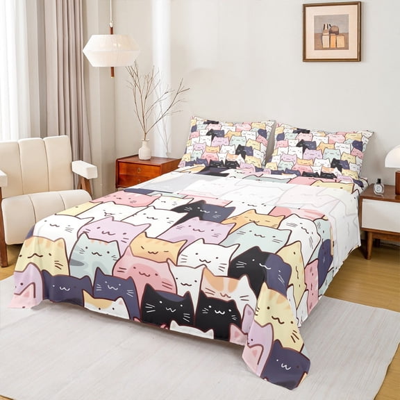 Manfei Pet Animal Kitten Queen Sheet Sets,Colorful Cartoon Cat Flat Sheet,Pink White Black Queen Fitted Sheet For Boys Girls,Lightweight Room Decor,4pcs