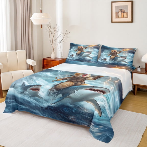 Manfei Pet Kitten Queen Sheet Set,Ocean Shark Nautical Adventure,Ultra Soft Decor For Teens,4-Piece